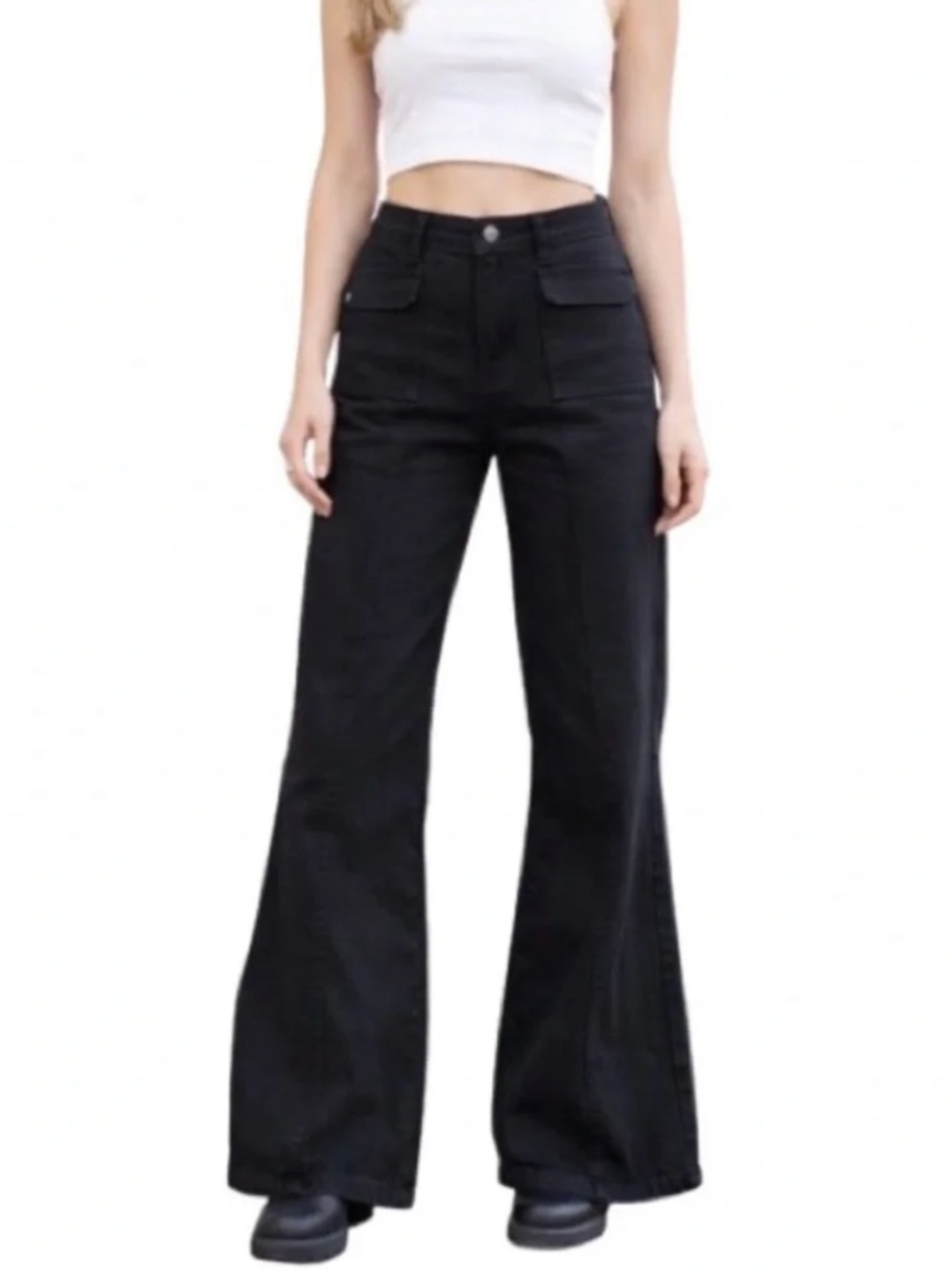 H&M Divided Black Flare Denim Jeans High Rise Wide Leg Size 0